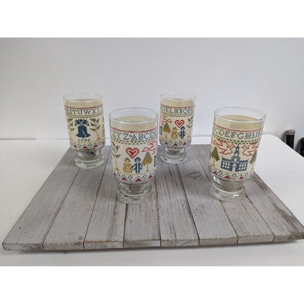 Vintage Set 4 Cross Stitch Sampler Pattern Graphic Drinking Glasses 5 1/2" Tall